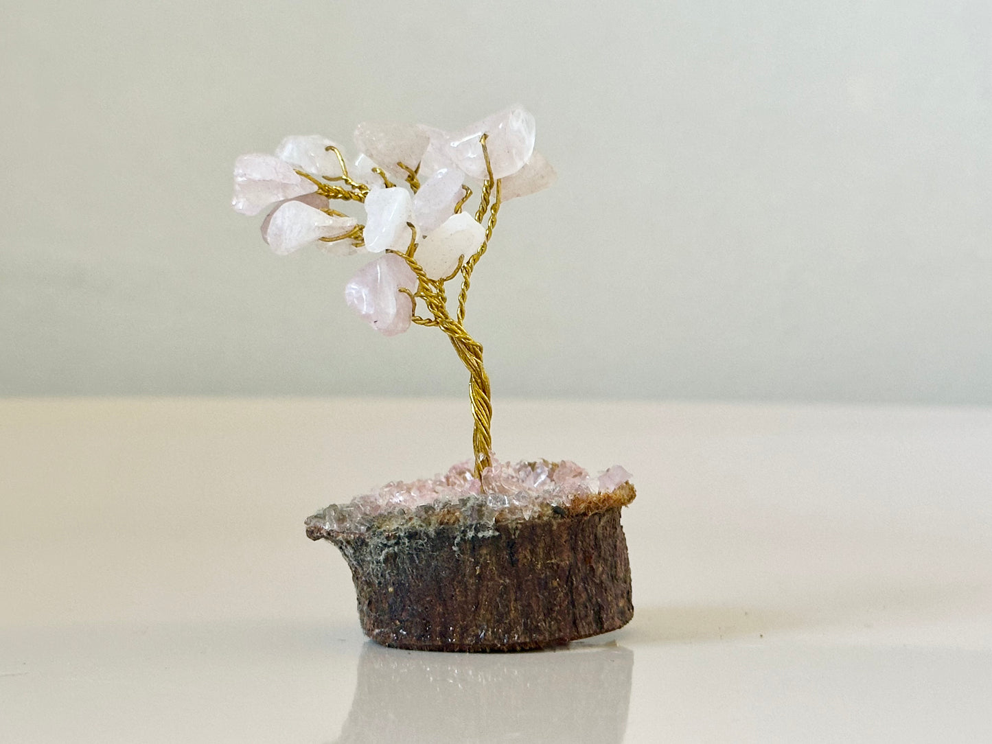 Mini Rose Quartz Gemstone Tree on Wooden Base