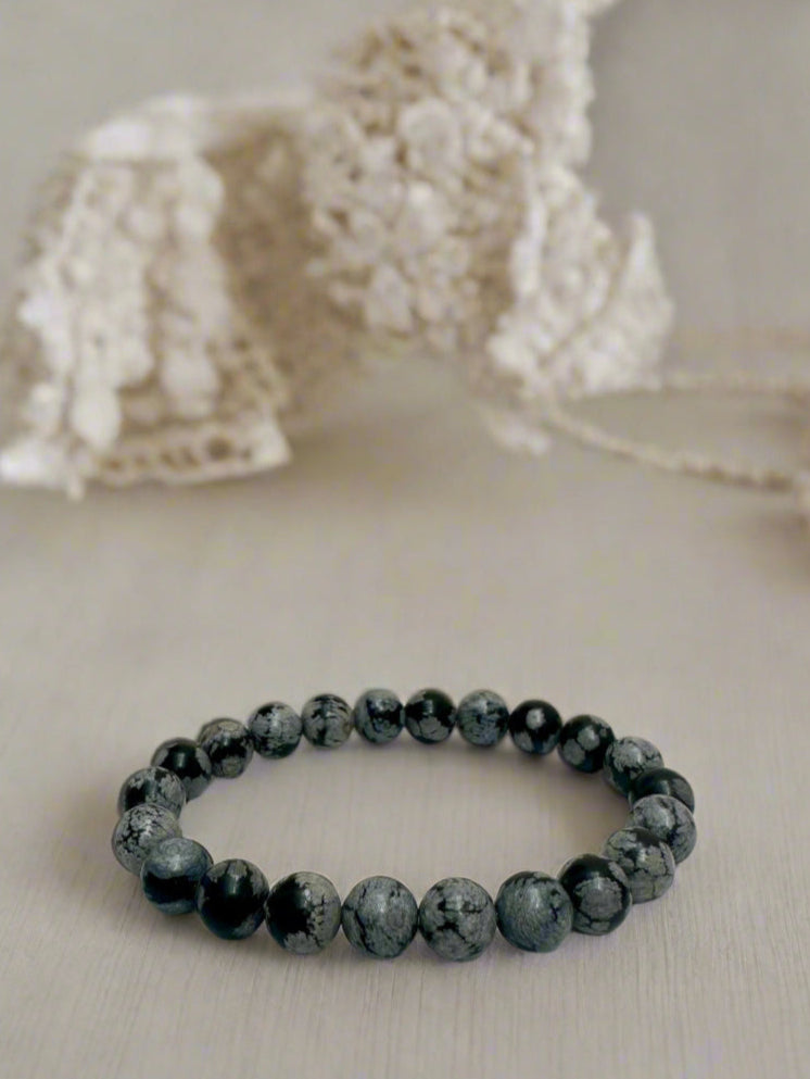 8mm Snowflake Obsidian Beaded Bracelet